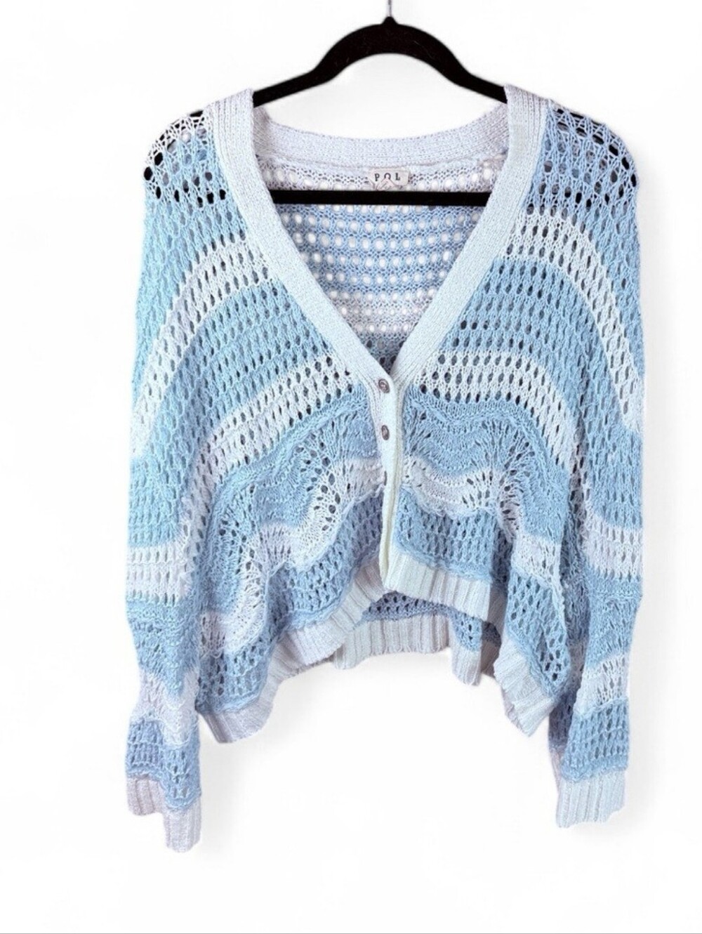POL Light Blue and White Open-Knit V-Neck Cropped Oversized Crocheted Cardigan S - Picture 2 of 7